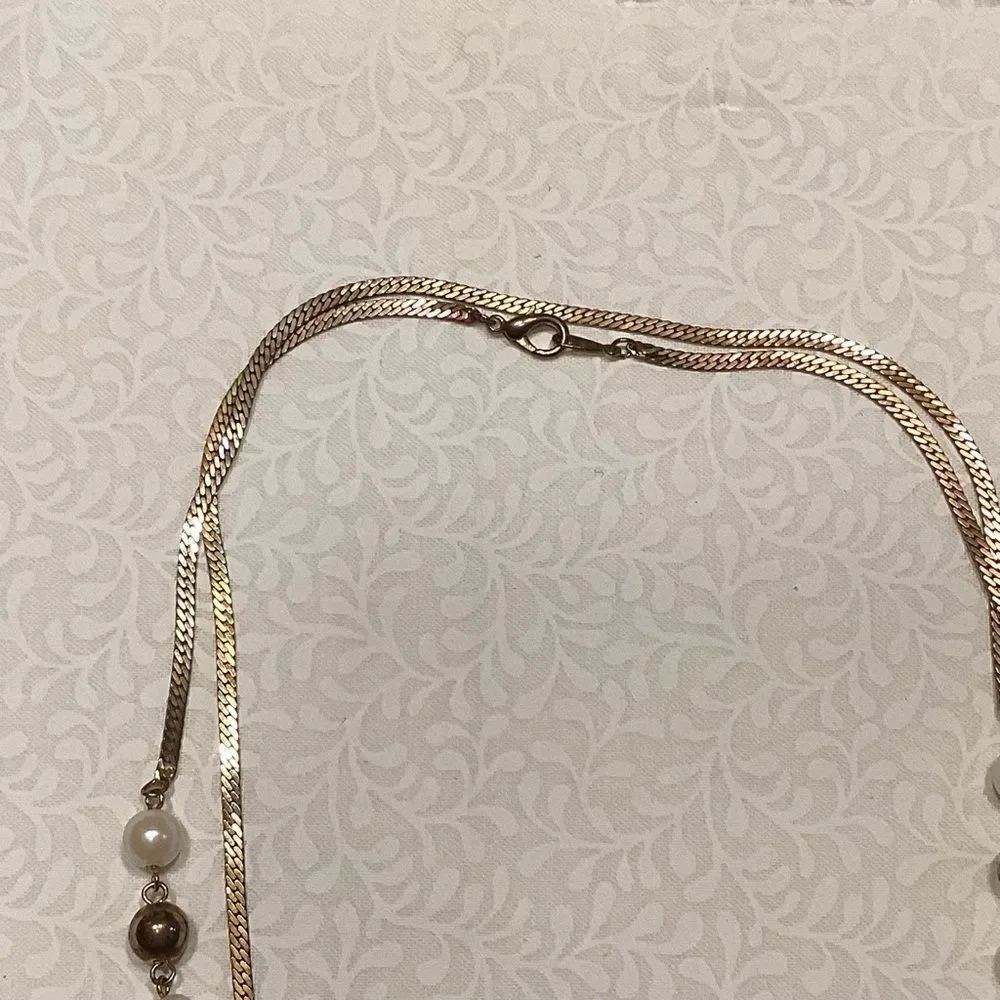 Goldtone Herringbone Chain with Faus Pearls Necklace